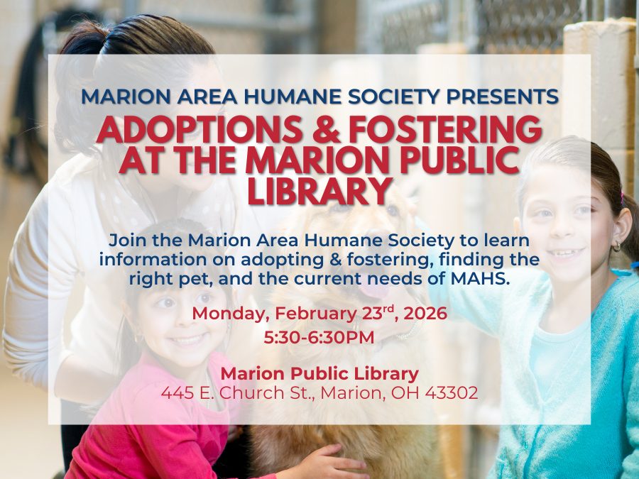 Photo of family with dog with transparent white overlay and red and blue text 